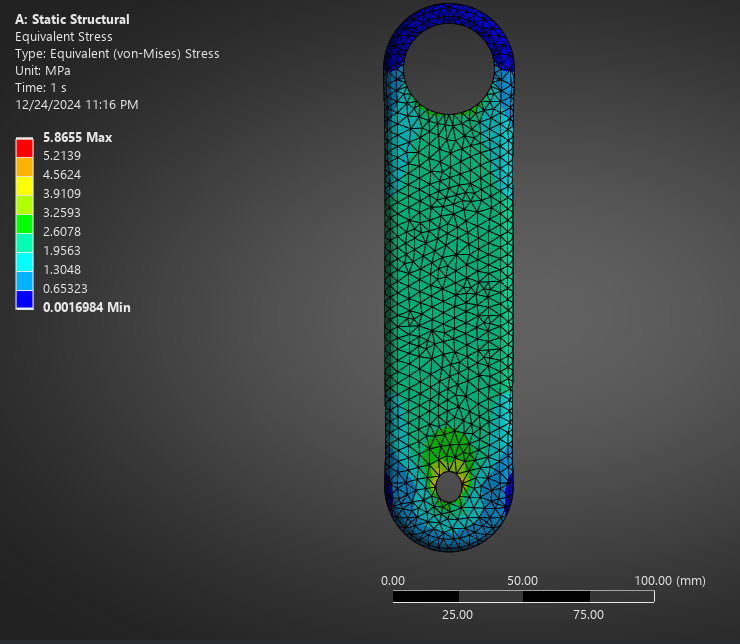 Equivalent stress with 3000 N load vertically downwards