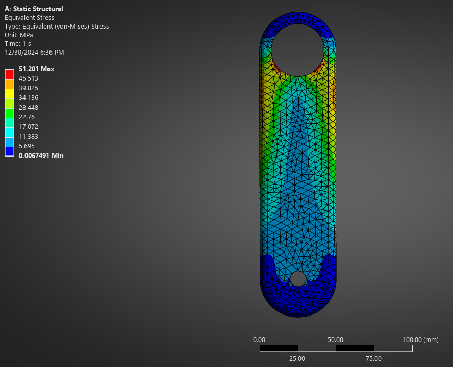 Equivalent stress with 3000 N load to the right